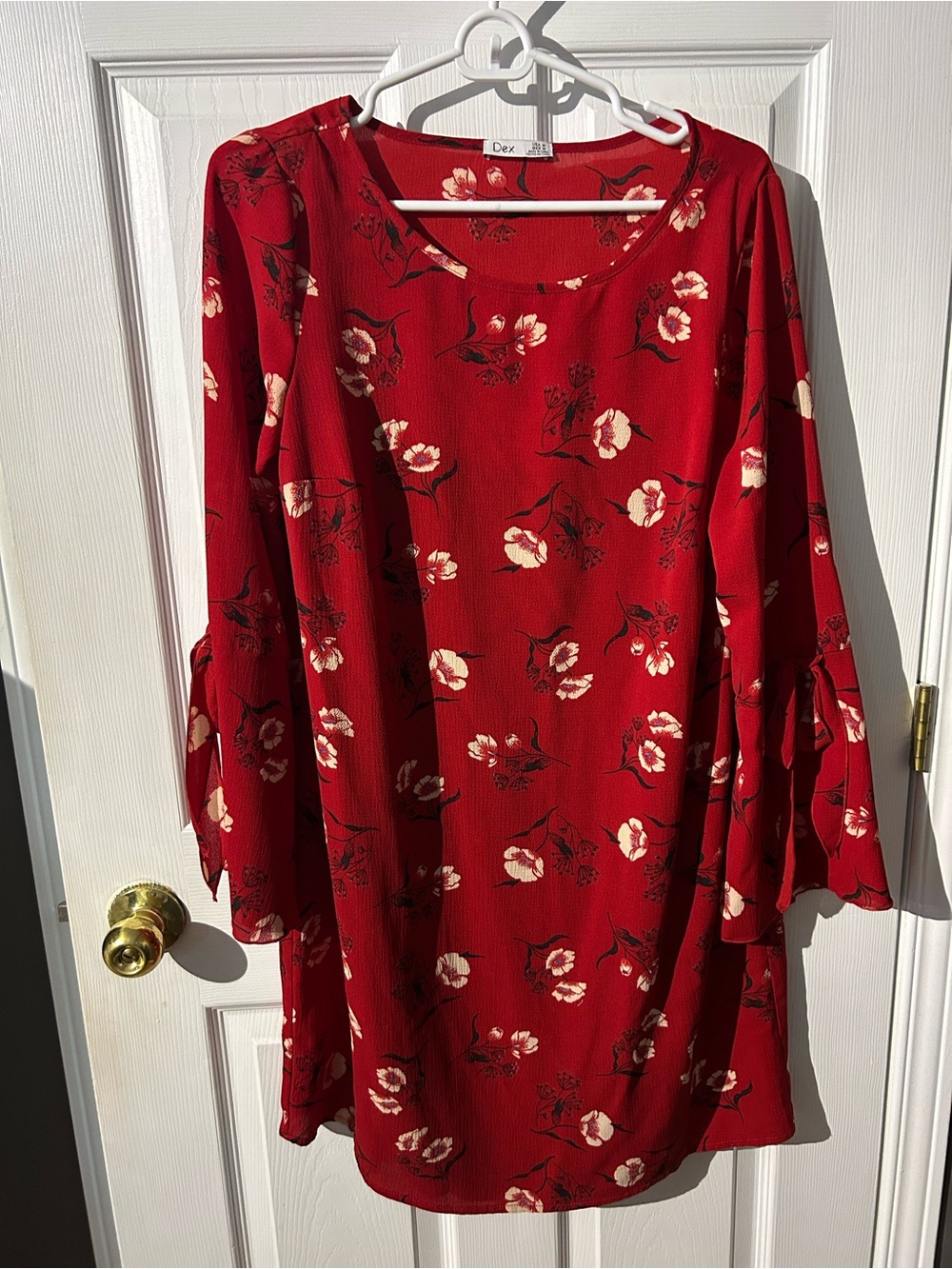 Dex Red Floral Long-Sleeve Bell-Sleeve Dress